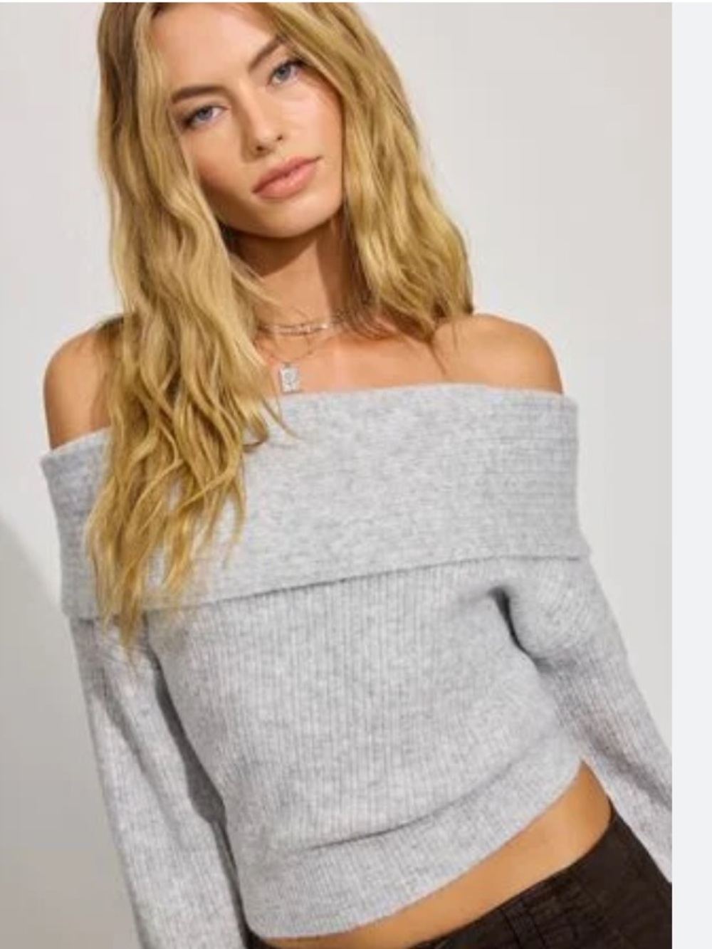 Garage Light Gray Off-the-Shoulder Ribbed Sweater